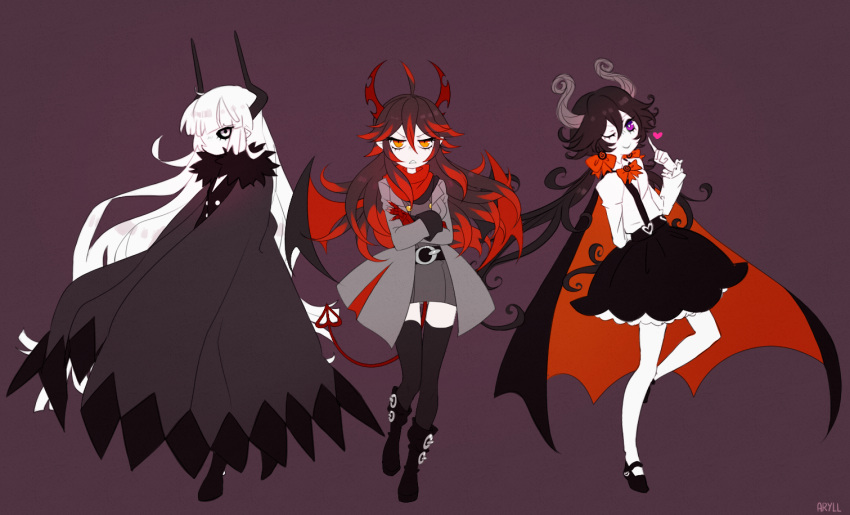 3girls, aryll_(marbles), black_hair, demon_girl, demon_horns, demon_wings, funamusea, genderswap