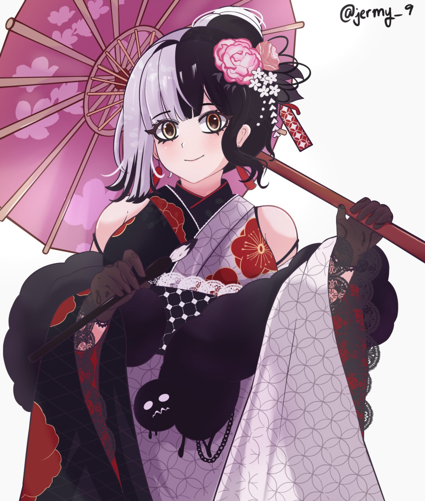 1girl, chain, flower, gloves, hair_bun, hair_flower, hair_ornament, highres