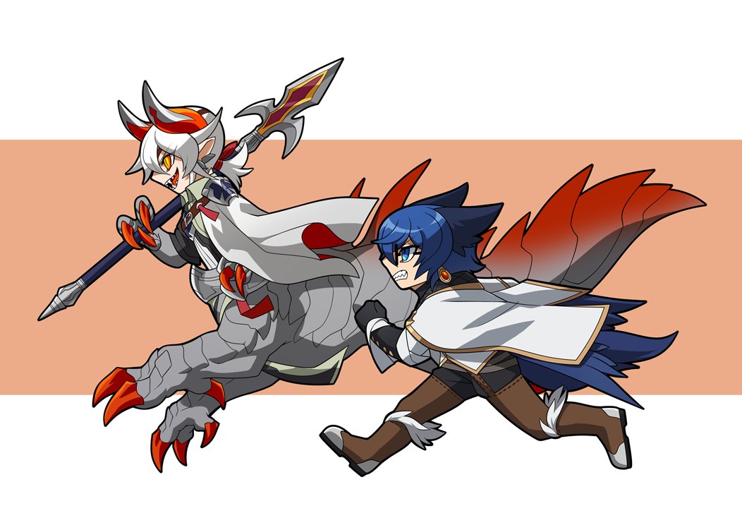 2boys, animal_ears, animal_hands, blue_eyes, blue_hair, blue_wings, boots, brown_background