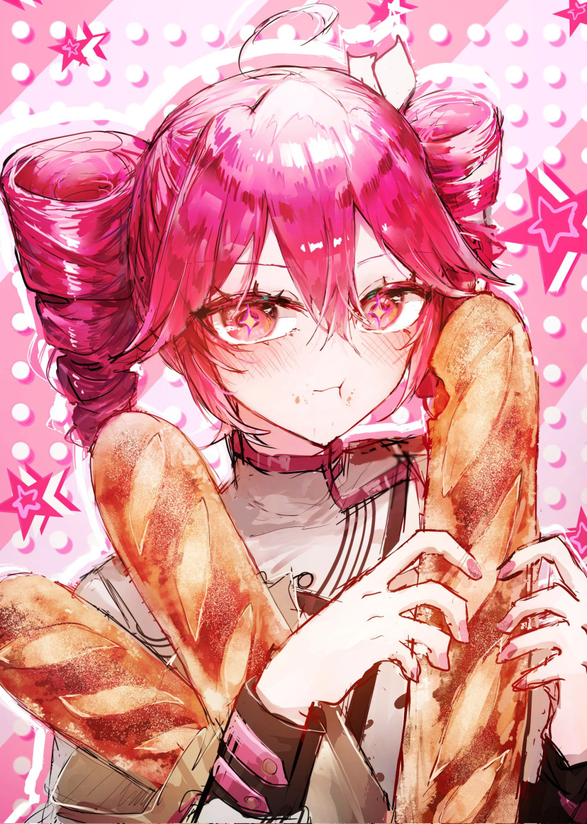 1girl, ahoge, baguette, black_sleeve_cuffs, bread, drill_hair, fingernails, food