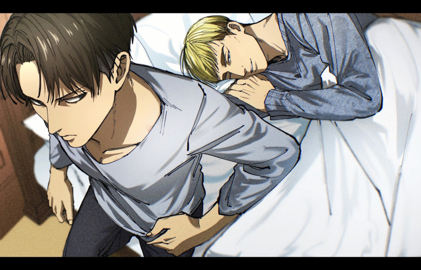 2boys, 35ohama_yu, bed, black_pants, blonde_hair, blue_eyes, brown_eyes, brown_hair, closed_mouth, collarbone, commentary_request, crew_neck, curtained_hair, erwin_smith, film_grain, grey_shirt, highres, levi_(shingeki_no_kyojin), long_sleeves, looking_back, lying, male_focus, multiple_boys, on_side, one_eye_closed, pants, parted_bangs, pillow, shingeki_no_kyojin, shirt, thick_eyebrows, under_covers