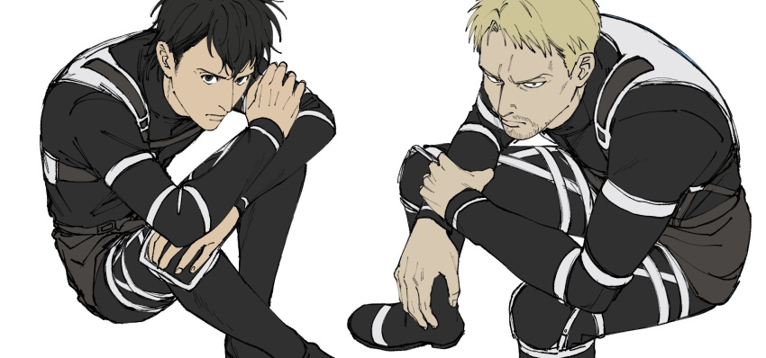 2boys, 35ohama_yu, bertolt_hoover, black_pants, black_shirt, blonde_hair, brown_eyes, brown_hair