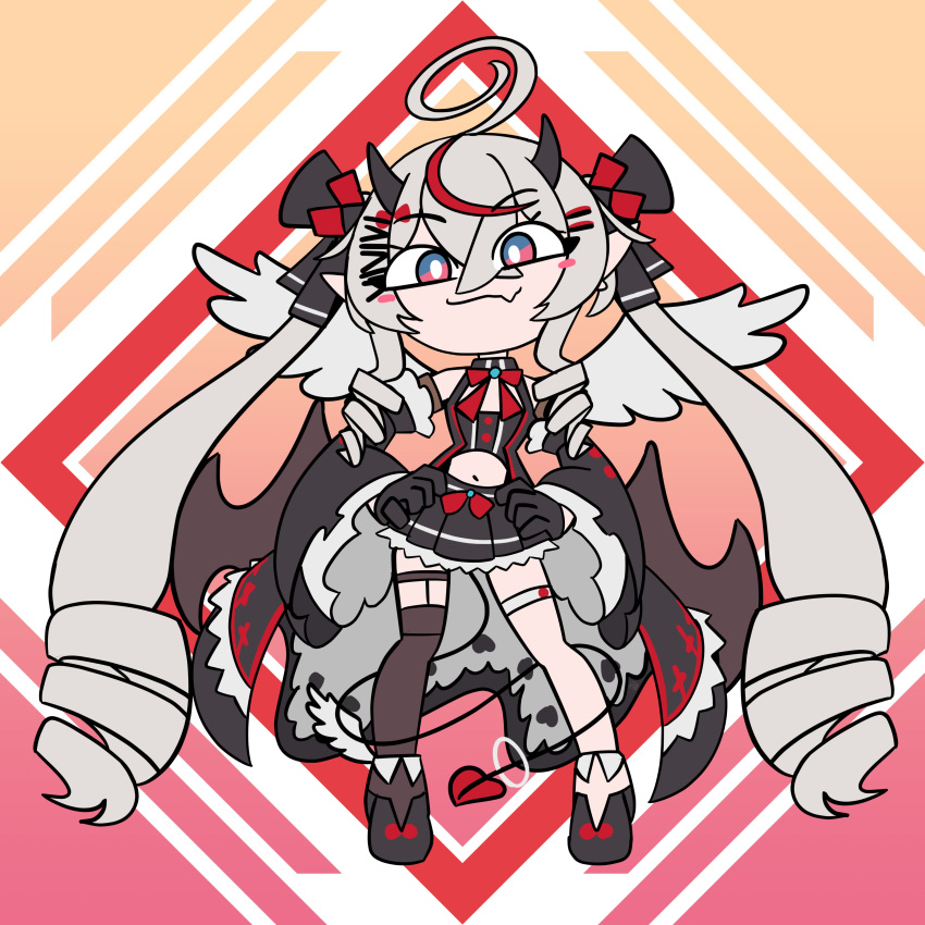 1girl, absurdres, ahoge, angel_wings, argyle_background, bare_shoulders, black_bow, black_footwear