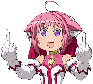1girl, :d, ahoge, animal_ear_fluff, animal_ears, bad_source, bare_shoulders, commentary_request, covered_collarbone, detached_sleeves, dog_days, dog_ears, double_middle_finger, false_smile, gloves, long_sleeves, looking_at_viewer, lowres, maso_(ascii_art), middle_finger, millhiore_f._biscotti, open_mouth, pink_hair, short_hair, simple_background, smile, solo, upper_body, violet_eyes, white_background, white_gloves, white_sleeves
