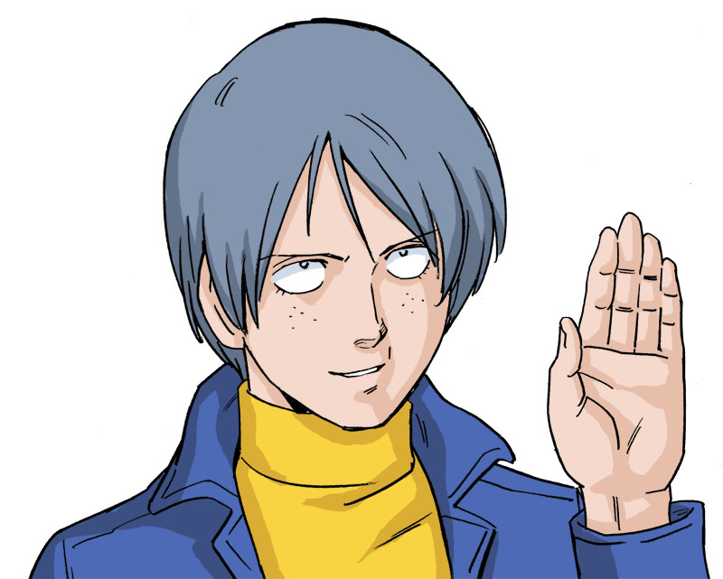 1970s_(style), 1980s_(style), 1boy, blue_hair, commentary_request, freckles, grin, gundam