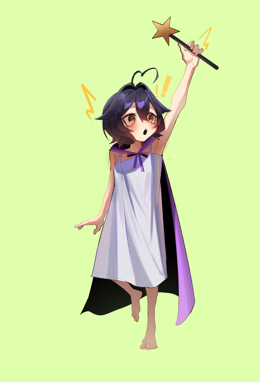 !, !!, 1girl, absurdres, aged_down, ahoge, armpits, barefoot, blush, breasts, camisole, cape, child, full_body, green_background, hair_between_eyes, hakhpu, heart, heart_ahoge, highres, hiiragi_utena, holding, holding_wand, looking_to_the_side, mahou_shoujo_ni_akogarete, open_mouth, purple_cape, purple_hair, short_hair, shouting, simple_background, small_breasts, solo, standing, standing_on_one_leg, star_wand, toes, wand, white_camisole, yellow_eyes