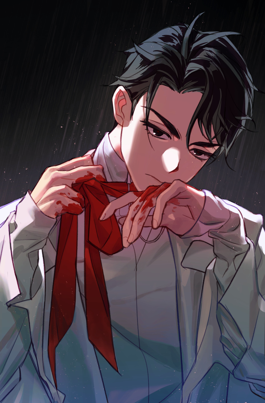 1boy, absurdres, alien_stage, black_eyes, black_hair, blood, blood_on_hands, chinese_commentary, closed_mouth, coat, commentary_request, hand_to_own_mouth, highres, holding, holding_ribbon, ivan_(alien_stage), ju_dazhi, looking_at_viewer, male_focus, rain, red_pupils, red_ribbon, ribbon, shirt, short_hair, sleeves_past_wrists, solo, turtleneck, turtleneck_shirt, upper_body, very_short_hair, white_coat, white_shirt