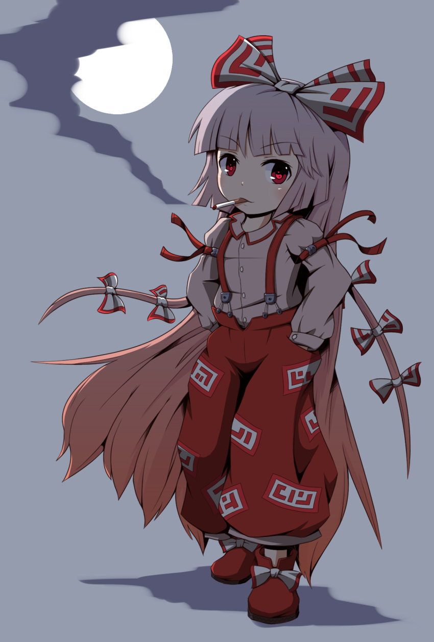 bad_id, bow, cigarette, fai_(zigzagflamberge), fujiwara_no_mokou, full_moon, gradient_hair, hair_bow
