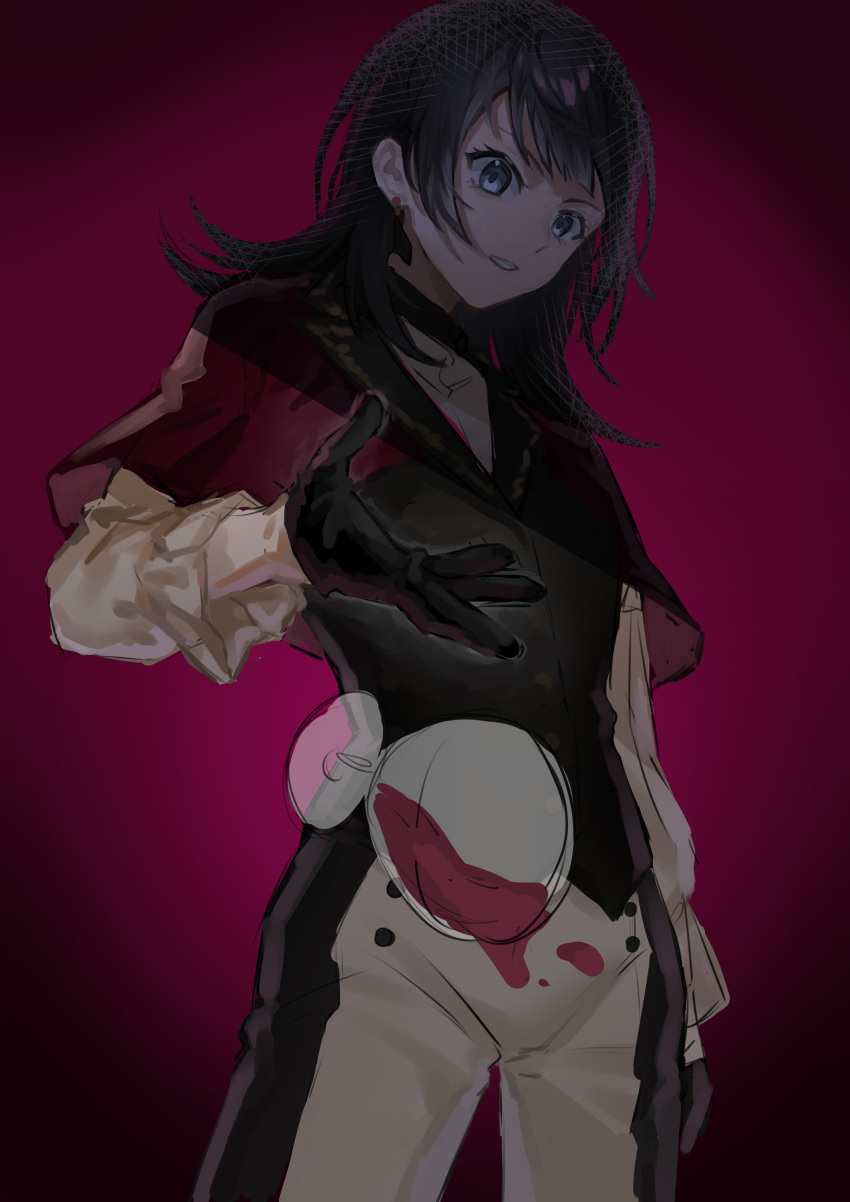 1girl, absurdres, bang_dream!, bang_dream!_it's_mygo!!!!!, black_gloves, black_hair, blue_eyes, capelet