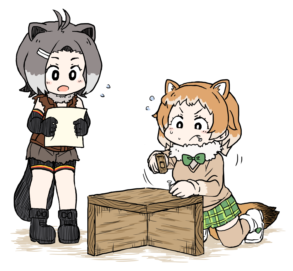 2girls, american_beaver_(kemono_friends), animal_ears, antenna_hair, beaver_ears, beaver_tail, black-tailed_prairie_dog_(kemono_friends), black_eyes, black_footwear, blush, bow, bowtie, bright_pupils, brown_cardigan, brown_shirt, brown_shorts, brown_thighhighs, bseibutsu, cardigan, carpenter, closed_mouth, commentary_request, dog_ears, dog_girl, dog_tail, flying_sweatdrops, full_body, green_bow, green_bowtie, green_skirt, grey_hair, hair_ornament, hairclip, holding, holding_mallet, kemono_friends, kneeling, mallet, mouth_hold, multicolored_hair, multiple_girls, nail_(hardware), neck_fur, open_mouth, plaid_clothes, plaid_skirt, pleated_skirt, shirt, shoes, short_bangs, short_hair, short_shorts, shorts, simple_background, skirt, standing, tail, thigh-highs, torn_clothes, torn_sleeves, two-tone_hair, v-shaped_eyebrows, white_background, white_footwear, white_pupils