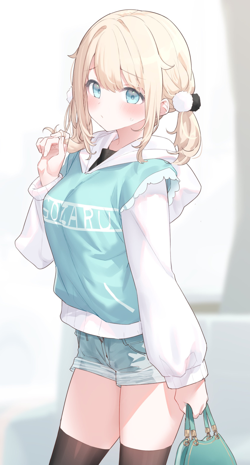 1girl, absurdres, alternate_costume, aqua_eyes, aqua_hoodie, bag, black_thighhighs, blonde_hair