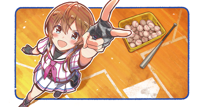1girl, :d, arihara_tsubasa, ball, baseball_(object), baseball_bat, baseball_uniform, belt