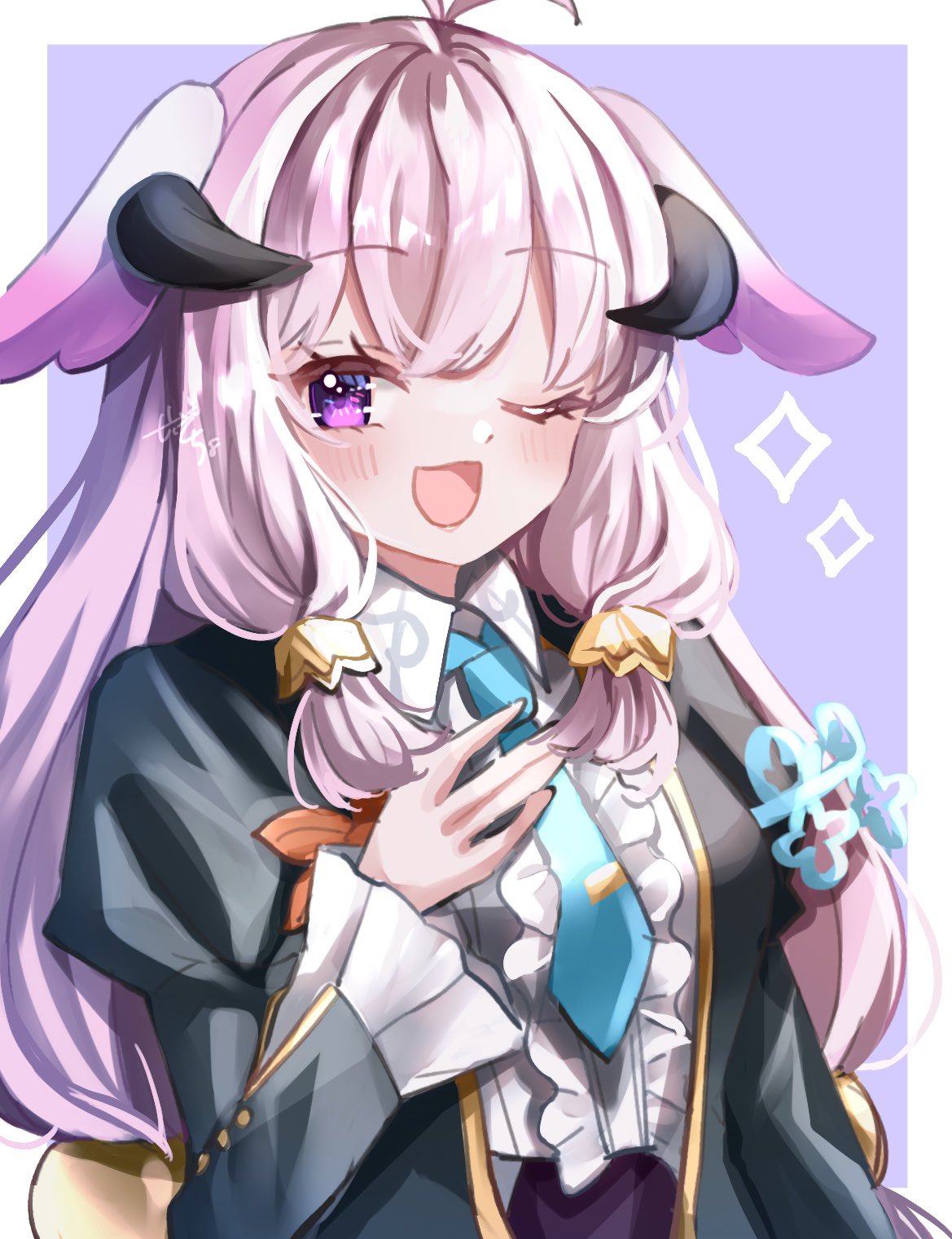 1girl, animal_ears, antenna_hair, black_horns, blue_necktie, blush, butler, clorica_(rune_factory)