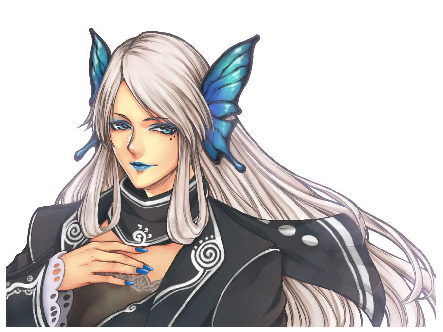 1girl, black_jacket, blue_eyes, blue_eyeshadow, blue_lips, blue_nails, blue_wings, butterfly_wings