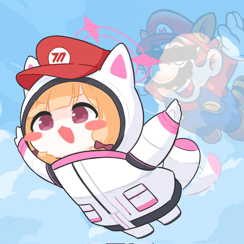 1girl, alternate_costume, animal_ears, bar_censor, blonde_hair, blue_archive, blue_overalls, blue_sky