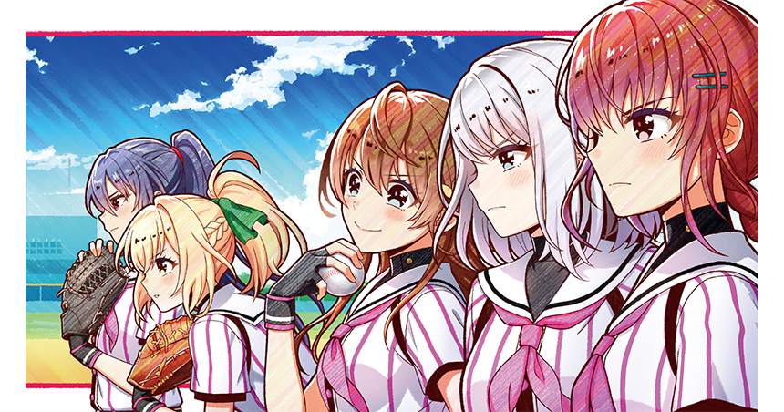 5girls, arihara_tsubasa, ball, baseball_(object), baseball_stadium, baseball_uniform, belt, black_belt