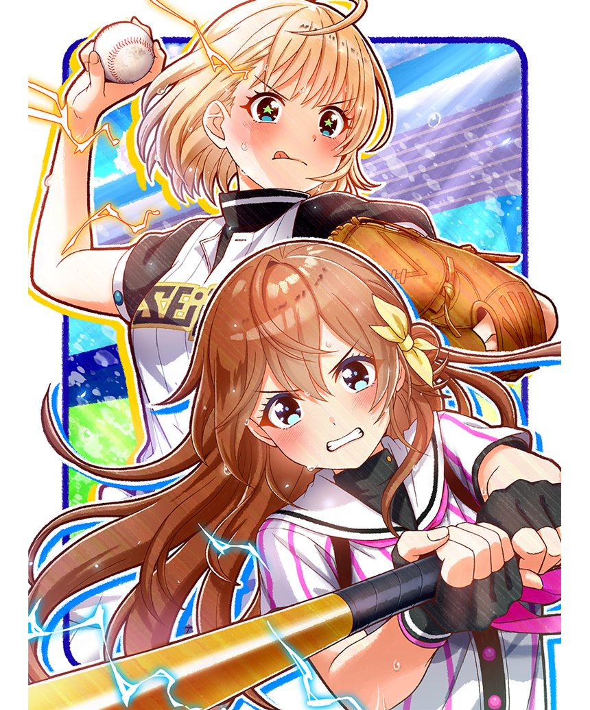2girls, ;q, ahoge, arihara_tsubasa, aura, ball, baseball, baseball_(object)