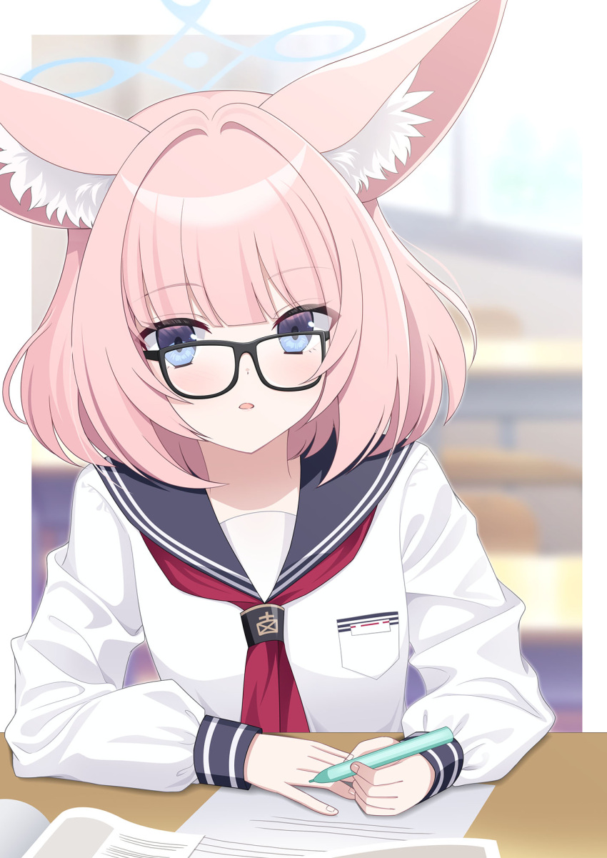 1girl, animal_ear_fluff, animal_ears, arms_on_table, bespectacled, black-framed_eyewear, blue_archive, blue_eyes