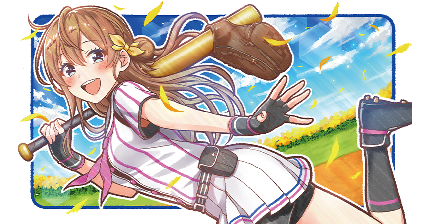 1girl, :d, arihara_tsubasa, baseball_bat, baseball_field, baseball_mitt, baseball_uniform, belt