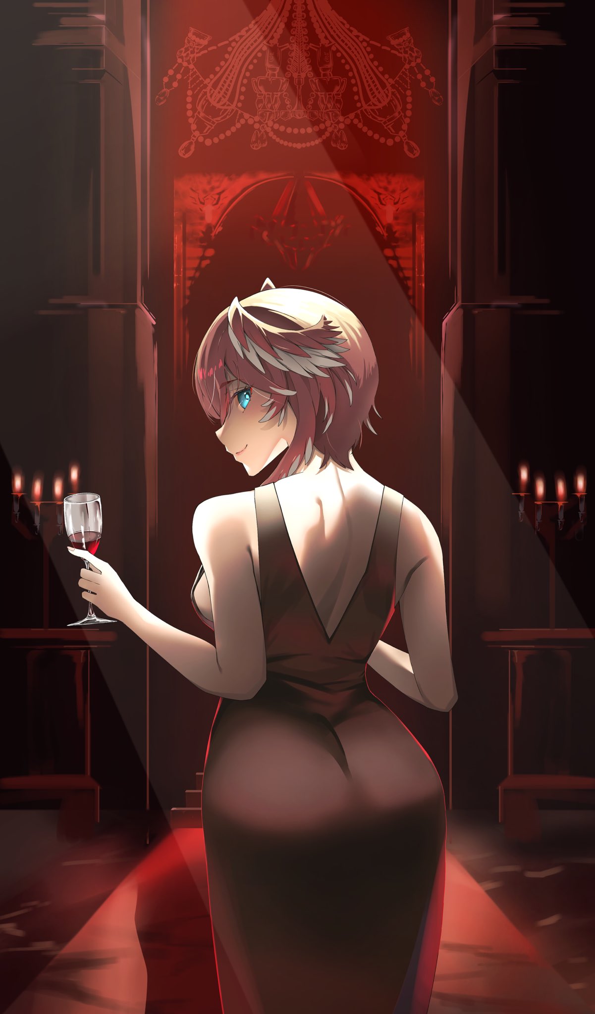 1girl, alcohol, blue_eyes, breasts, cup, dress, drinking_glass, hair_between_eyes