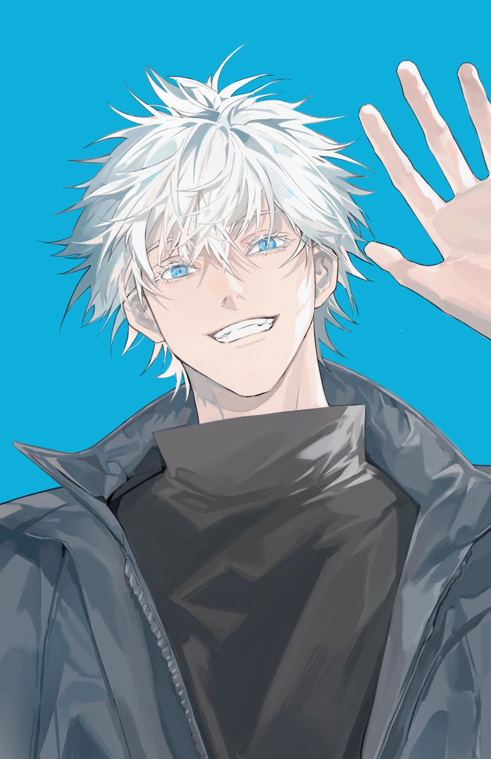 1boy, arm_up, awkwardtomato, black_jacket, black_shirt, blue_background, blue_eyes, commentary, gojou_satoru, grin, hair_between_eyes, highres, jacket, jujutsu_kaisen, looking_at_viewer, male_focus, shirt, simple_background, smile, solo, teeth, turtleneck, unzipped, upper_body, white_hair, zipper