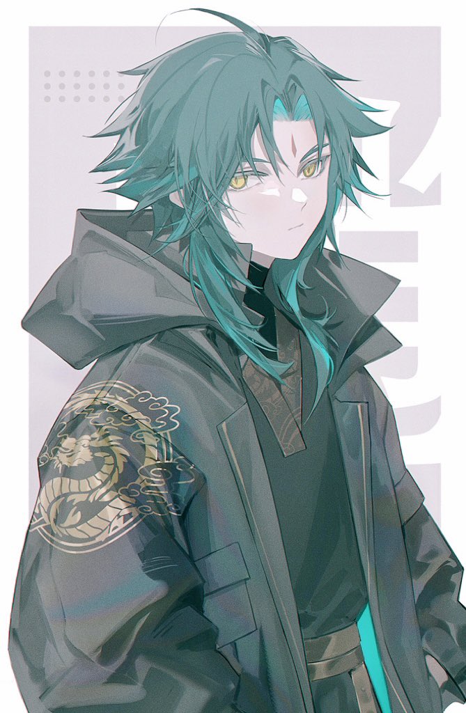 1boy, awkwardtomato, black_hood, black_jacket, black_shirt, border, chinese_clothes, closed_mouth, commentary, cowboy_shot, curtained_hair, dragon, eastern_dragon, english_commentary, facial_mark, forehead_mark, genshin_impact, green_hair, hood, hood_down, hooded_jacket, jacket, lapels, looking_to_the_side, male_focus, open_clothes, open_jacket, outside_border, parted_bangs, shirt, sideways_glance, solo, turtleneck, white_border, xiao_(genshin_impact), yellow_eyes