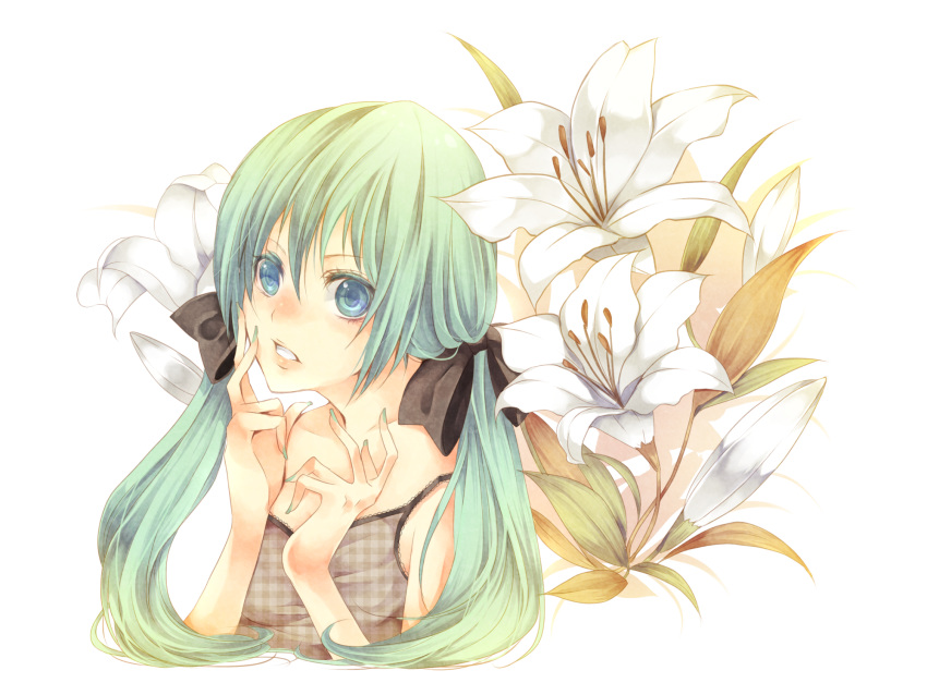 aqua_hair, blue_eyes, bow, bust, flower, flowers, hatsune_miku, lilies