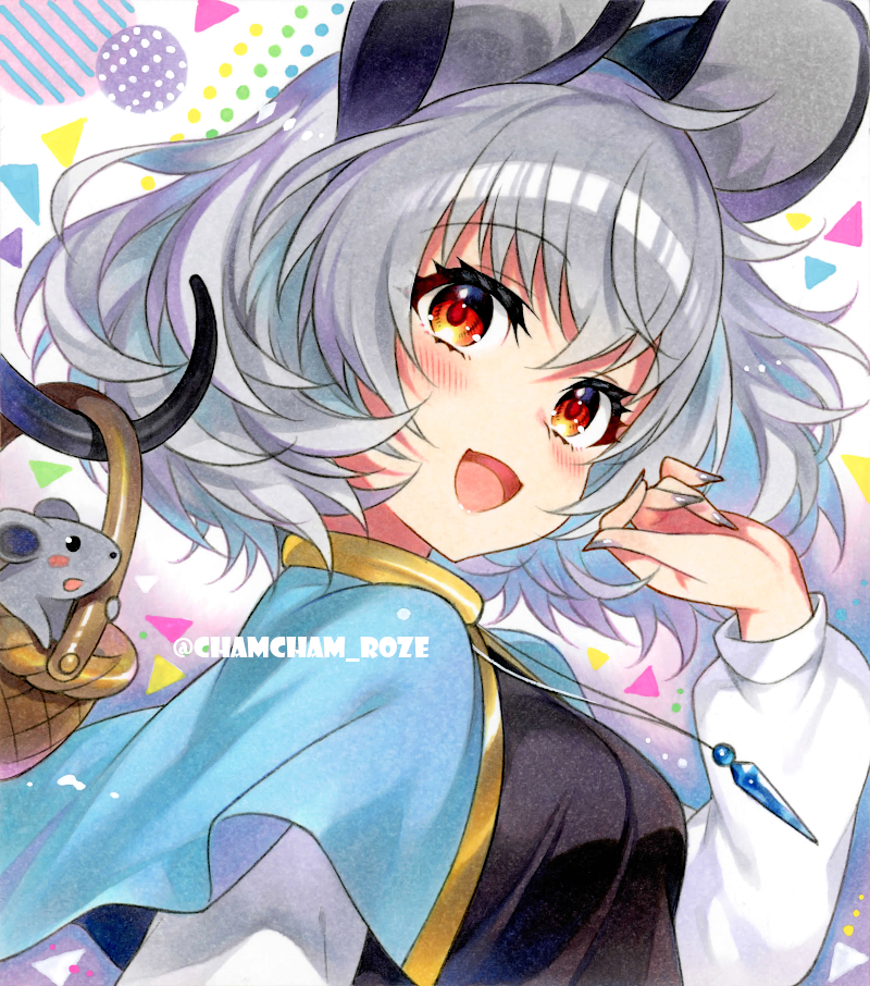 1girl, :d, animal_ears, basket, blue_capelet, blush, breasts, capelet