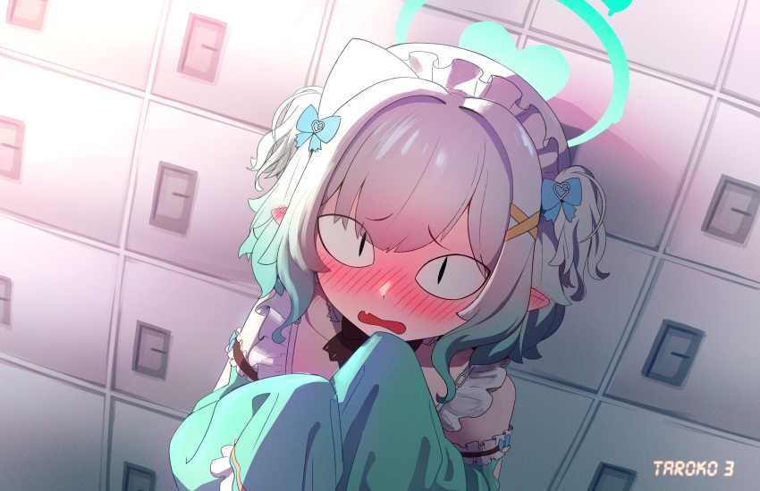 1girl, absurdres, aqua_dress, aqua_halo, aqua_sleeves, black_eyes, blush, bow