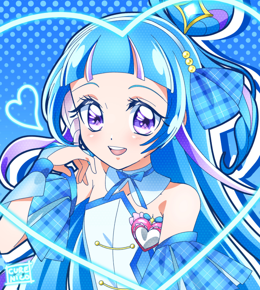 1girl, aokaze_nana, arched_bangs, artist_name, bare_shoulders, blue_background, blue_bow, blue_bridal_gauntlets