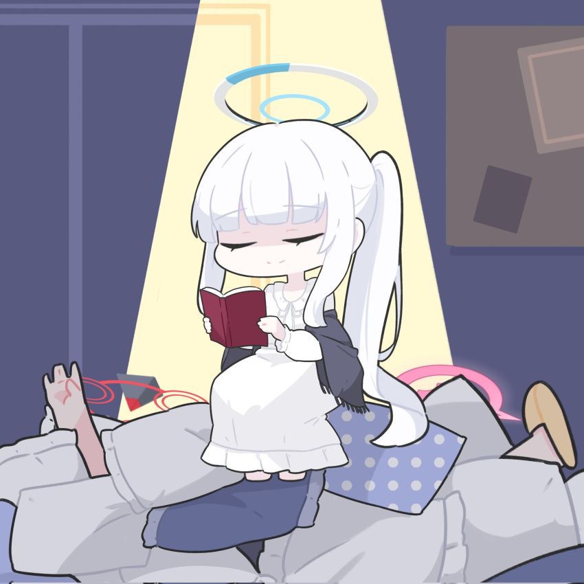 3girls, blue_archive, book, chibi, closed_eyes, emfldzm159, halo, highres