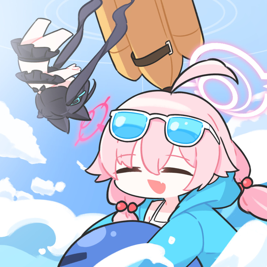 2girls, ahoge, animal_ears, banana_boat, bikini, black_bikini, black_hair, blue_archive