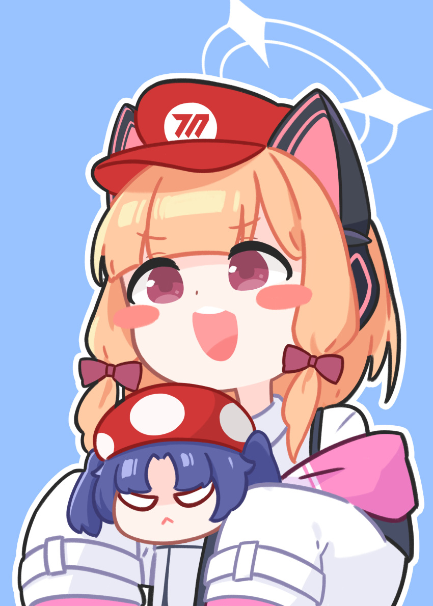 1girl, absurdres, animal_ear_headphones, animal_ears, blonde_hair, blue_archive, blue_background, blunt_bangs