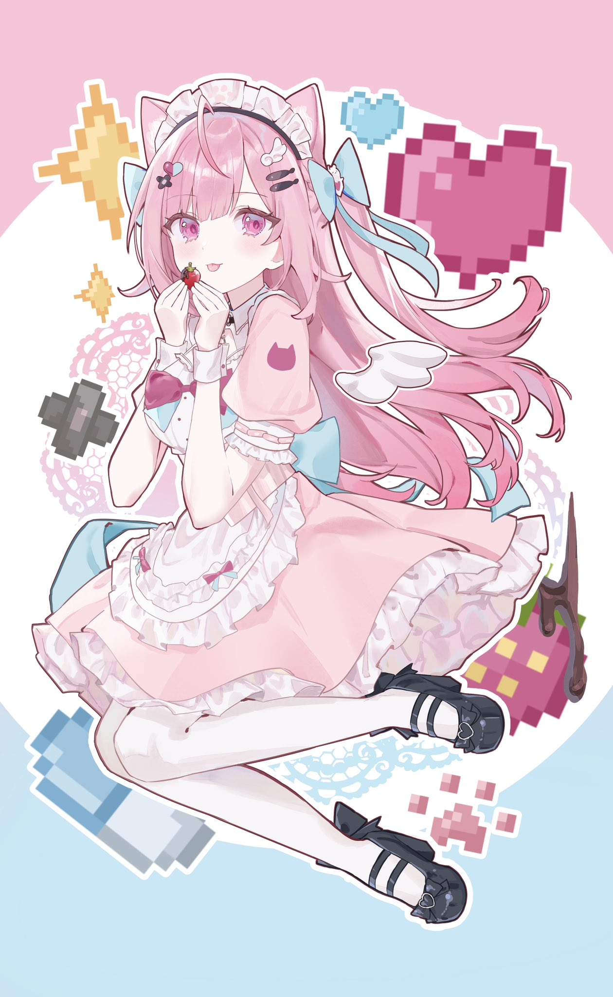 1girl, ahoge, animal_ear_fluff, animal_ears, apron, black_footwear, blue_bow, blush