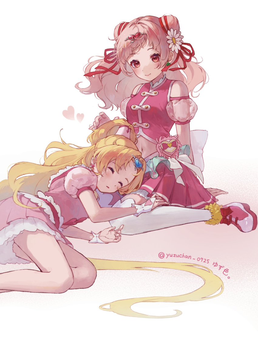 2girls, ankle_scrunchie, blonde_hair, breasts, bridal_gauntlets, closed_eyes, closed_mouth, cropped_shirt