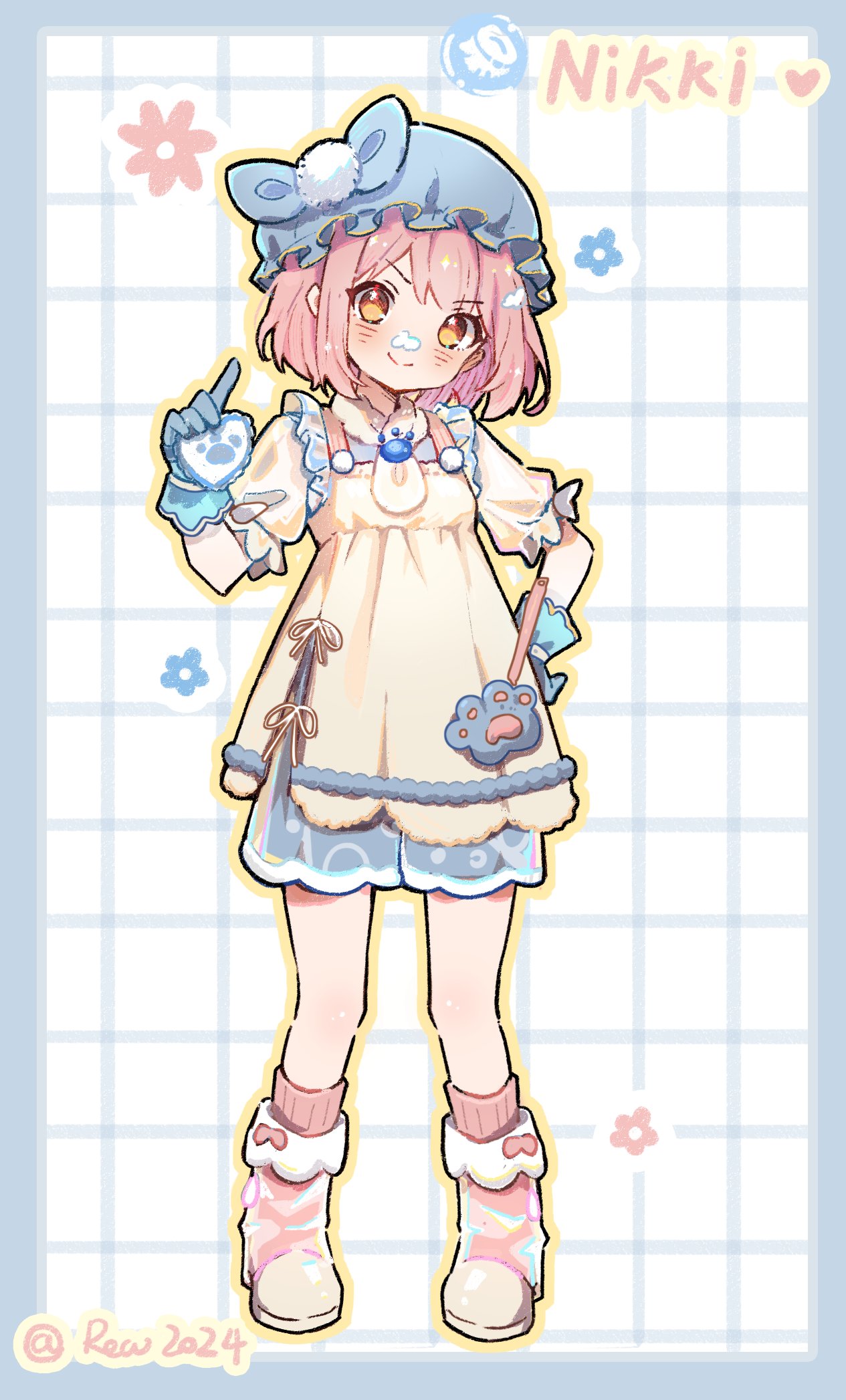 1girl, ankle_socks, apron, ascot, blue_border, blue_bow, blue_gloves, blue_hat