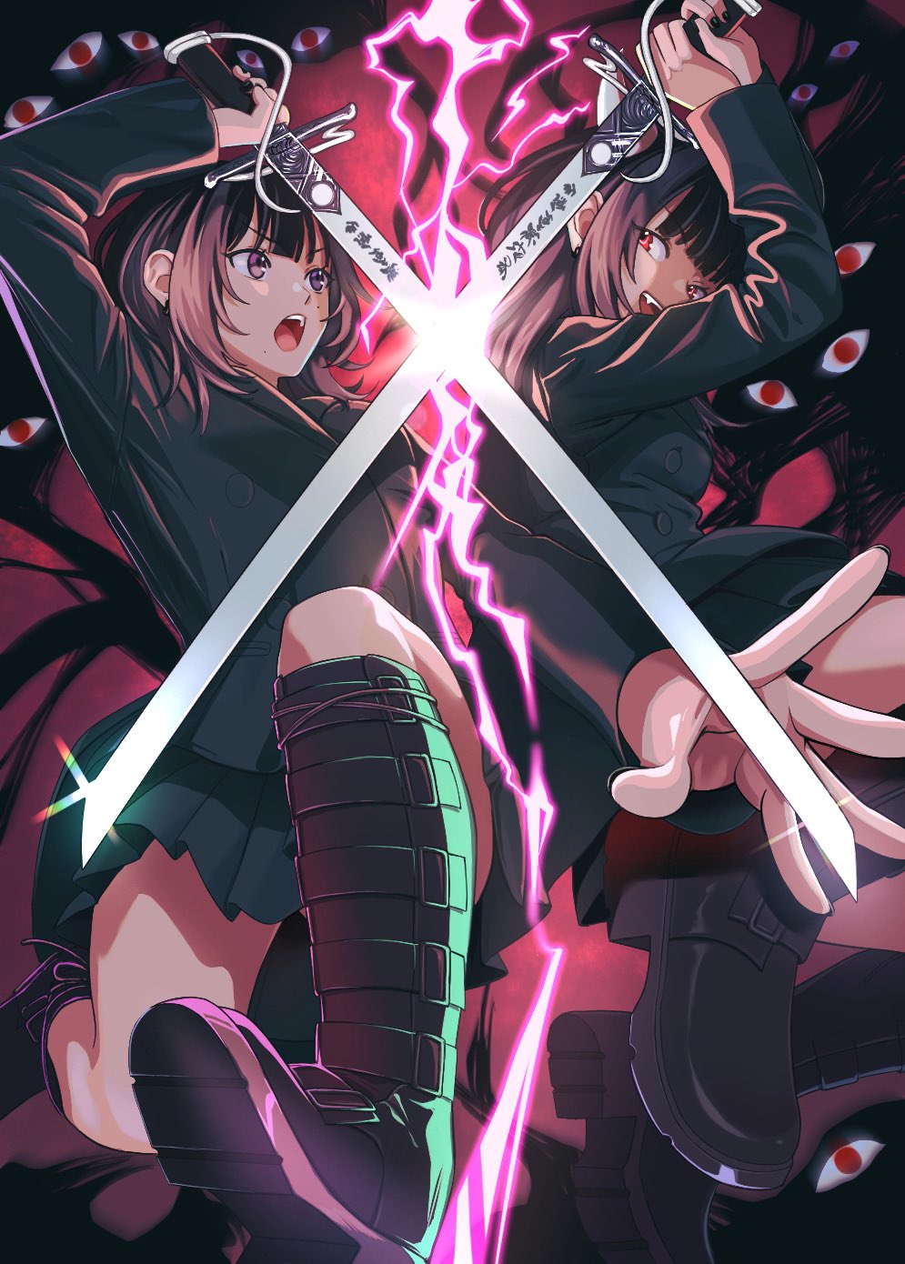 2girls, black_hair, black_nails, boots, demon_horns, fang, fingernails, green_jacket