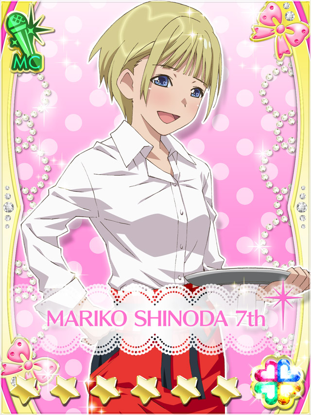 1girl, :d, akb0048, blue_eyes, card_(medium), character_name, collared_shirt, cowboy_shot