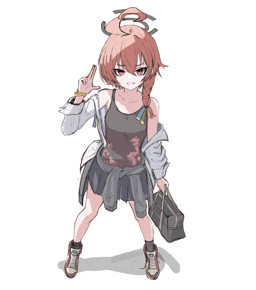 1977_oj3, 1girl, absurdres, ahoge, bag, black_halo, black_jacket, black_tank_top