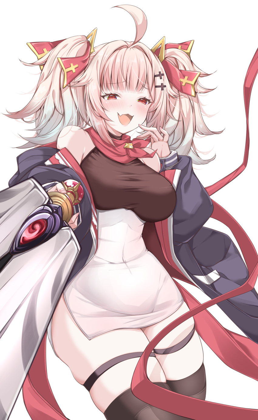 1girl, :d, absurdres, azur_lane, black_jacket, blonde_hair, blush, breasts, clothes_pull, commentary_request, commission, covered_navel, cross_hair_ornament, dress, fang, hair_ornament, hair_ribbon, half-closed_eyes, hand_up, hero_(azur_lane), highres, hip_focus, holding, holding_sword, holding_weapon, jacket, jacket_pull, long_hair, medium_breasts, medium_hair, messy_hair, mikuchi3939, off_shoulder, open_clothes, open_jacket, pixiv_commission, pointing, pointing_at_viewer, red_eyes, red_ribbon, ribbon, skindentation, sleeveless, sleeveless_dress, smile, smug, solo, sword, thigh-highs, thigh_strap, thighs, twintails, weapon