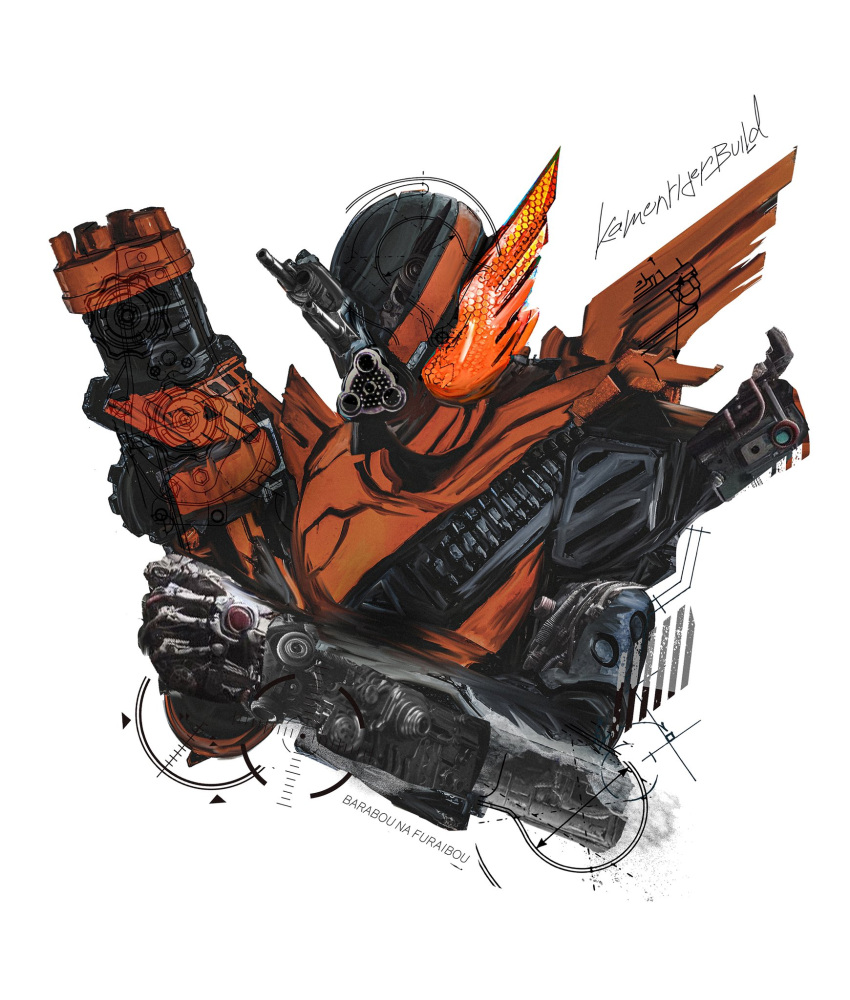 1boy, armor, asymmetrical_armor, bandolier, belt, character_name, diagram, gatling_gun, gears, hawk+gatling_form_(best_match), highres, kamen_rider, kamen_rider_build, kamen_rider_build_(series), obakelope0530, solo, upper_body, white_background, wings