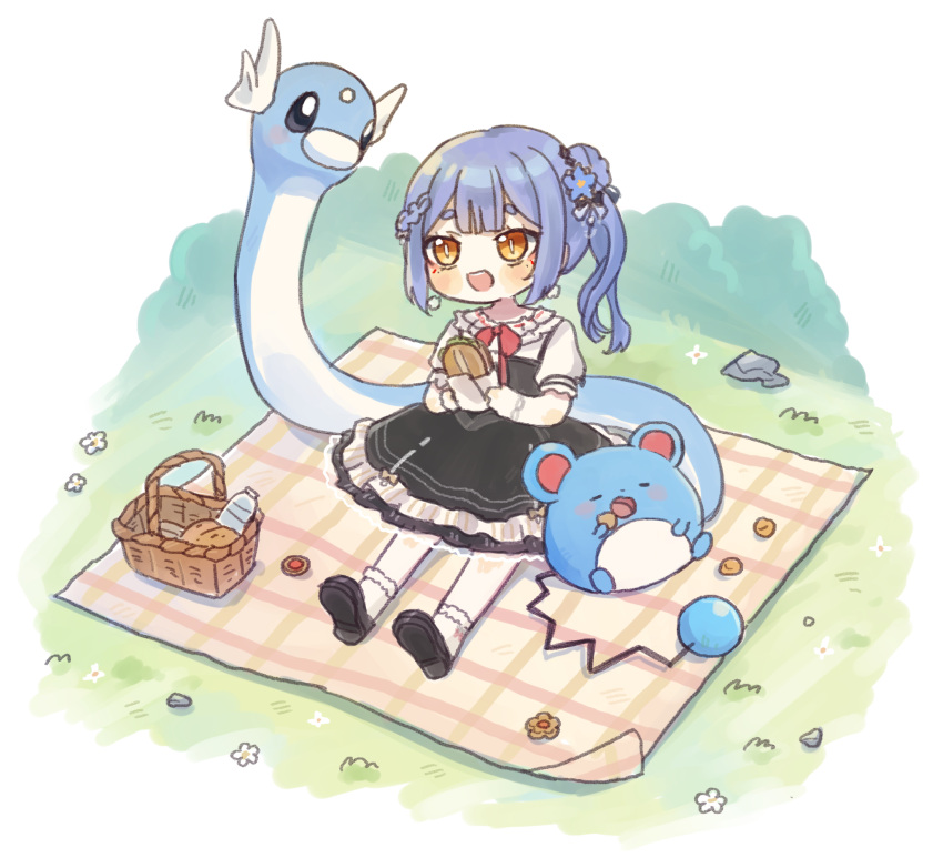 1girl, 2others, :d, azusa_(vtuber), azusa_official, blue_hair, bottle, braid
