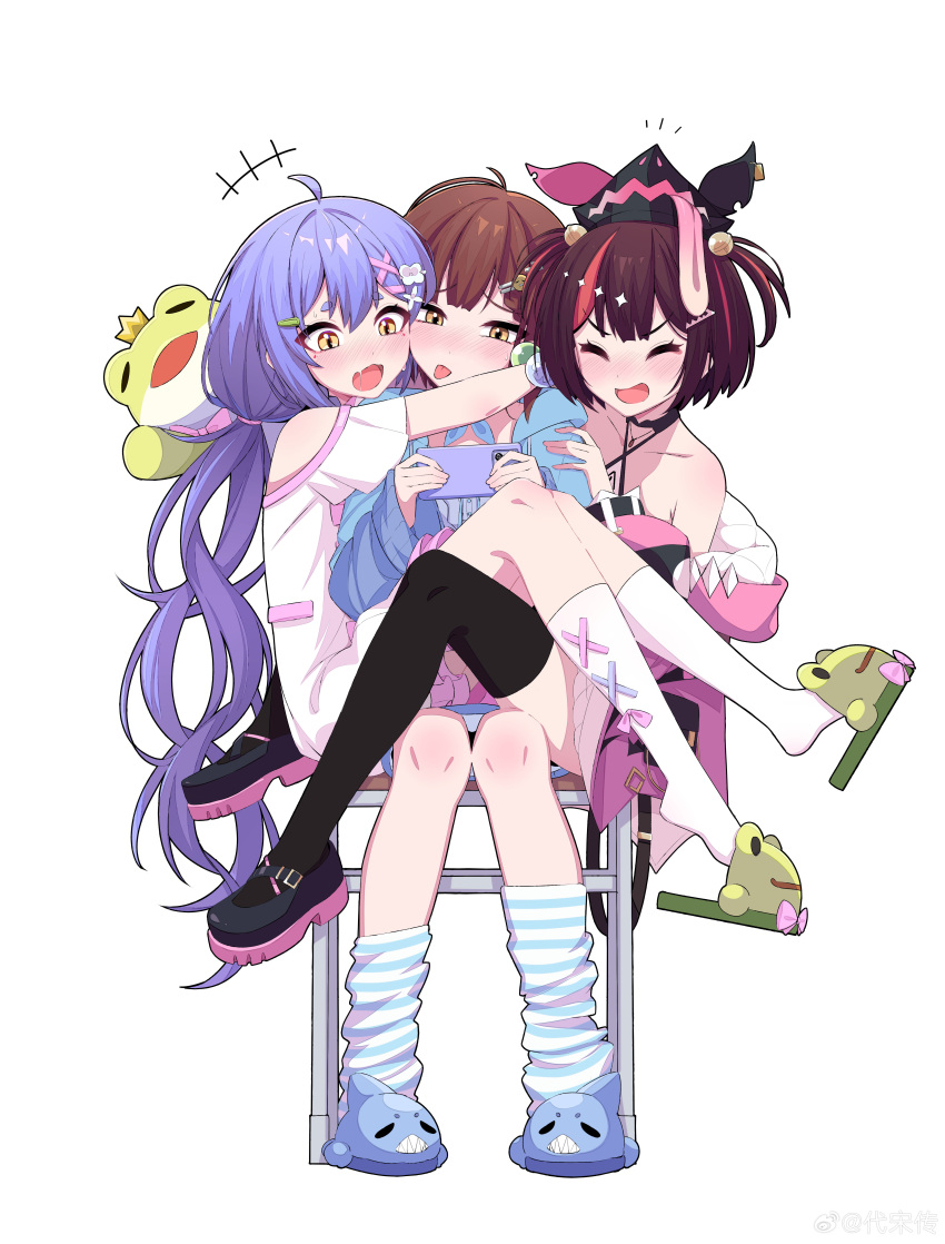 3girls, absurdres, ahoge, asymmetrical_legwear, azusa_(vtuber), azusa_official, black_footwear, blue_footwear, blush, brown_hair, cellphone, chair, chuansongdai, closed_eyes, hair_ornament, highres, holding, hug, kero_(vtuber), kero_official, long_hair, mismatched_legwear, multicolored_hair, multiple_girls, nanami_(virtuareal), nijisanji, off_shoulder, open_mouth, phone, purple_hair, red_hair, short_hair, sitting, slippers, smartphone, socks, streaked_hair, thigh-highs, twintails, virtual_youtuber, virtuareal, white_background, white_socks, yellow_eyes