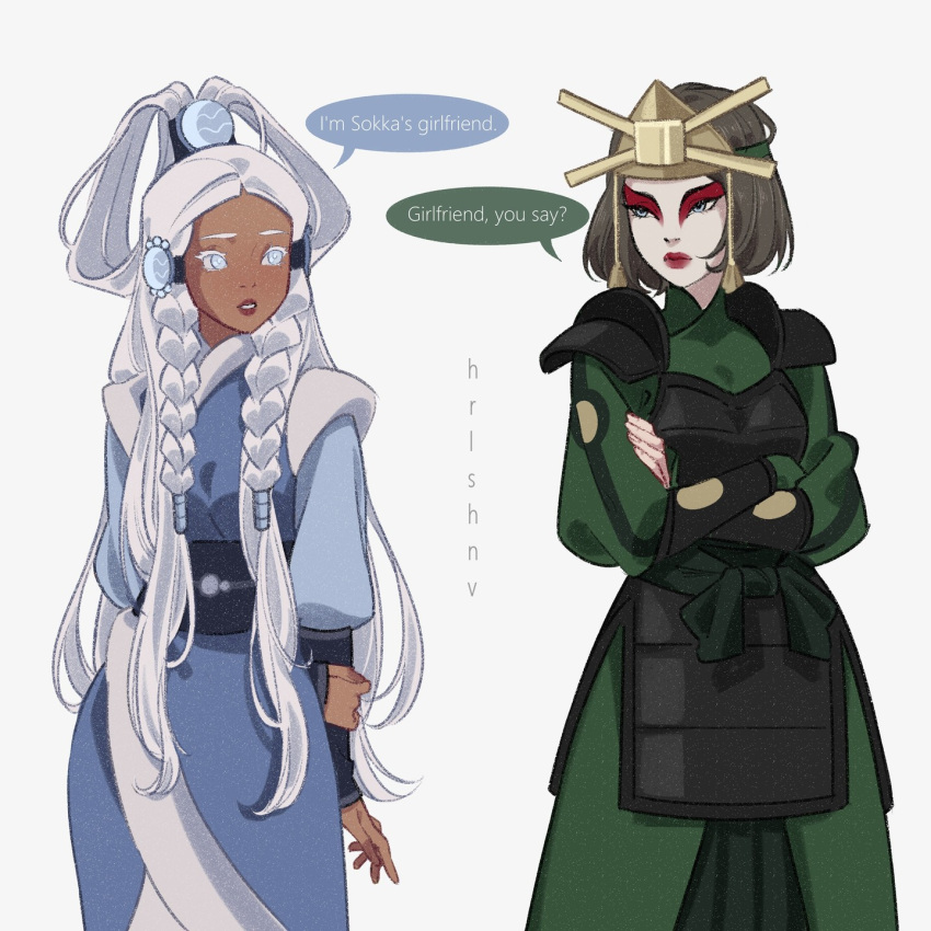 2girls, armor, artist_name, avatar:_the_last_airbender, avatar_legends, black_hair, blue_eyes, braid