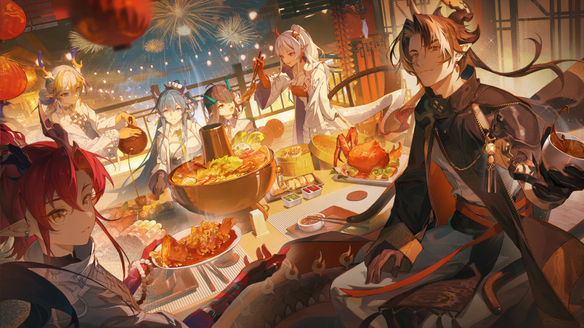 2boys, 4girls, arknights, black_hair, blonde_hair, blue_eyes, blue_hair, brown_eyes