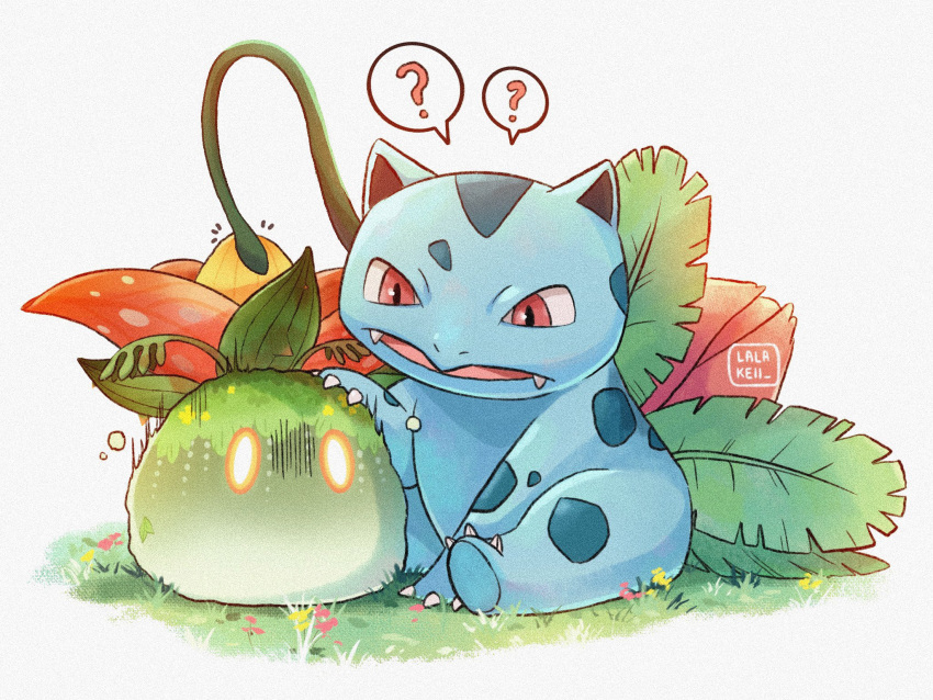 ?, animal_focus, claws, commentary, dendro_slime_(genshin_impact), english_commentary, fangs, full_body