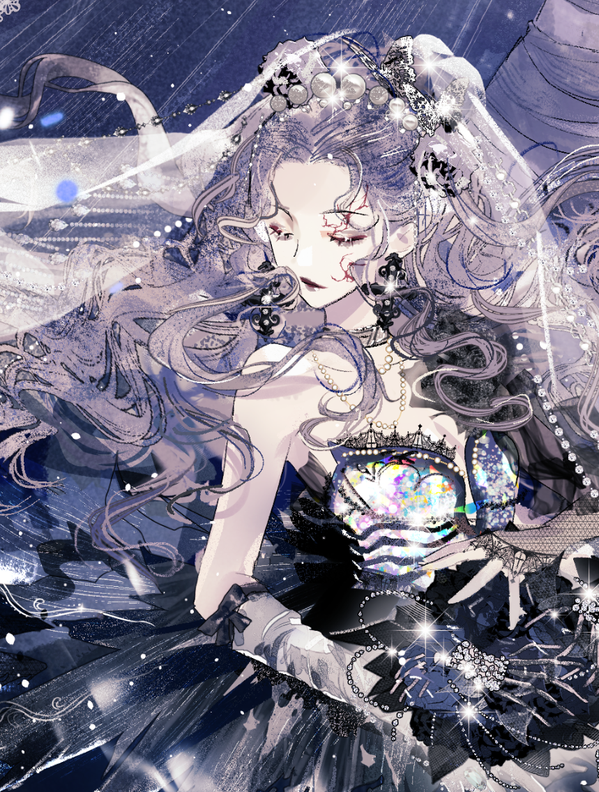 1girl, arm_warmers, bare_shoulders, black_background, black_bow, black_dress, blue_flower, blue_rose