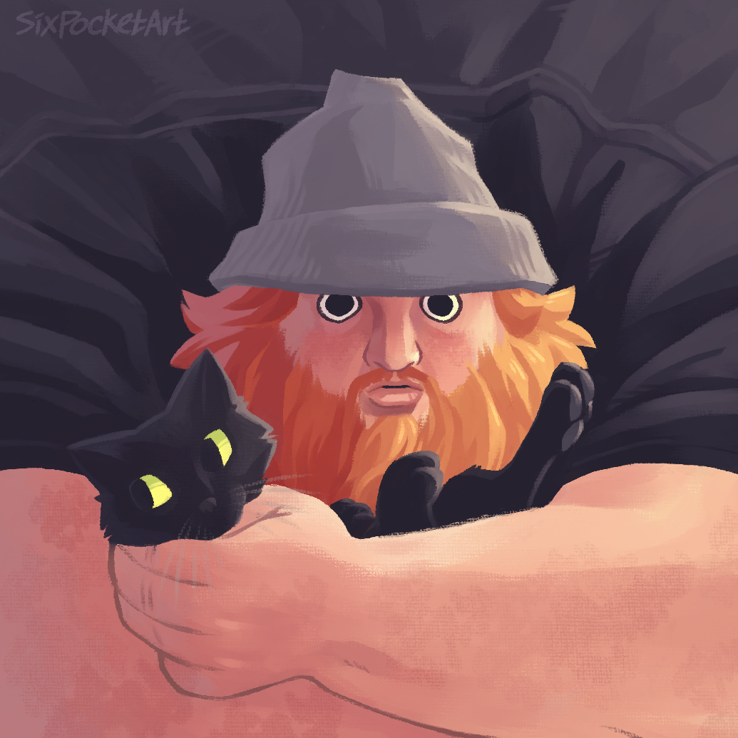 1boy, animal, artist_name, beanie, beard, black_cat, black_eyes, black_shirt