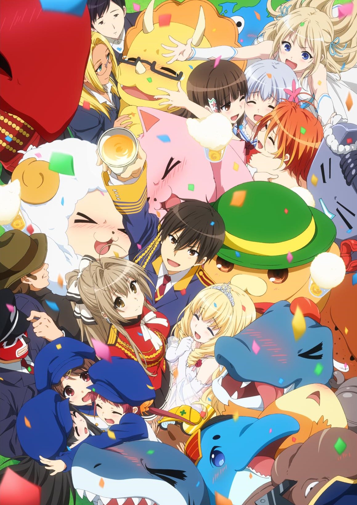 >_<, 6+boys, 6+girls, ^_^, adachi_eiko, ahoge, aiguillette, amagi_brilliant_park