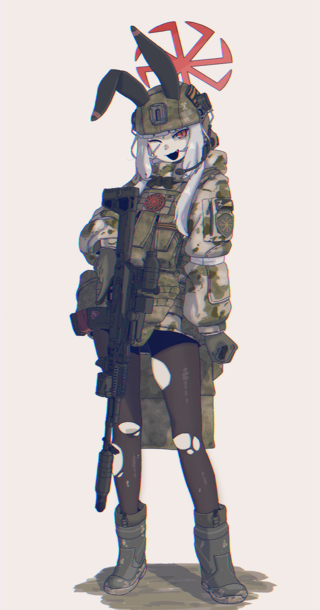 1girl, :d, ak-200, animal_ears, assault_rifle, b1-517, black_sun, blue_archive